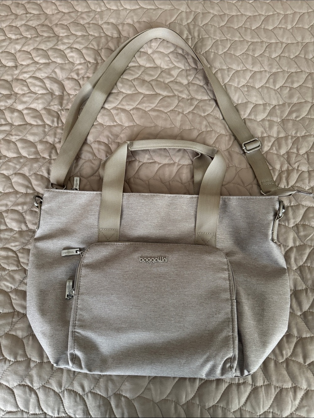 Baggallini taupe tote with front zip pocket and adjustable strap